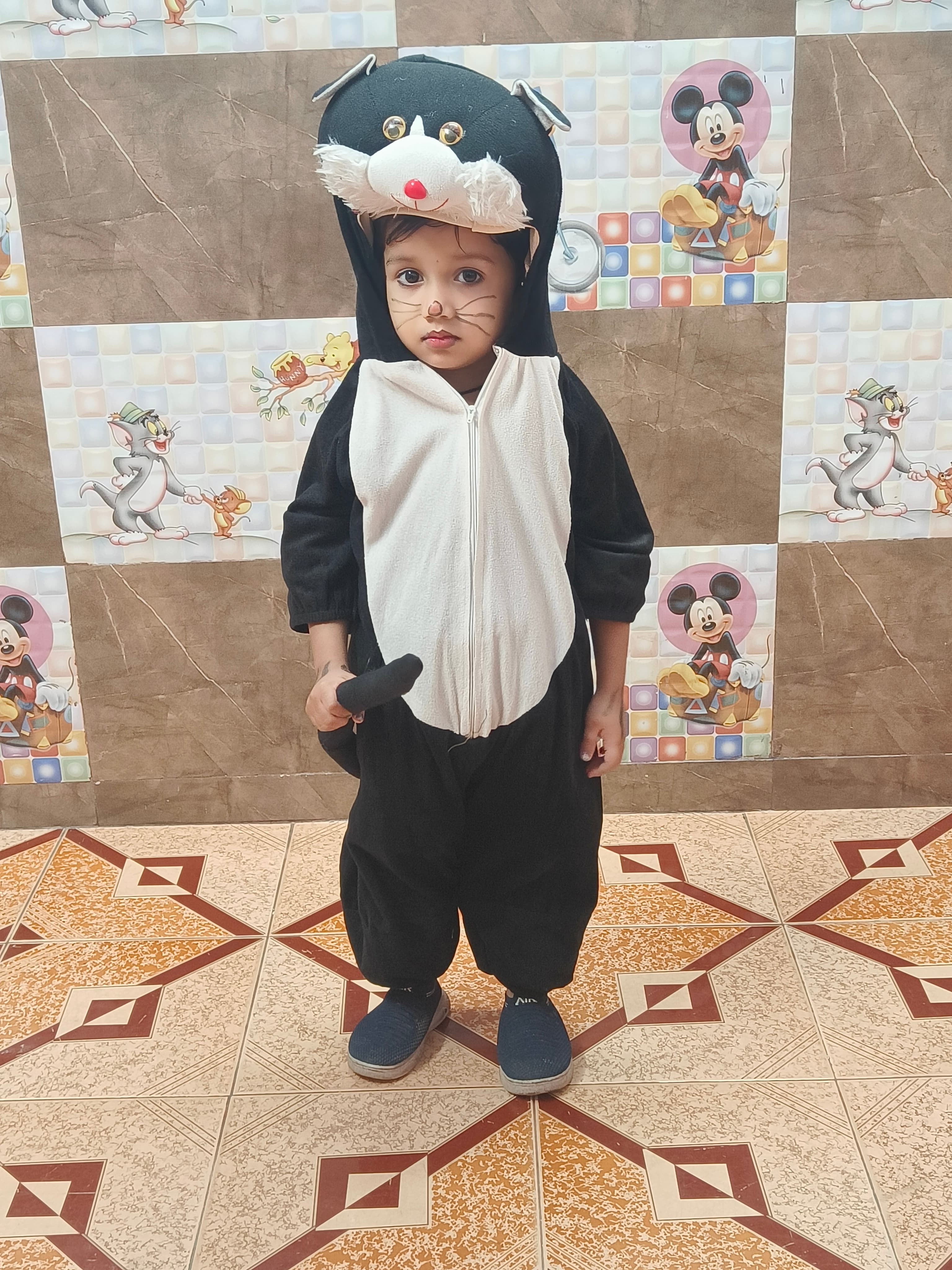 Toddler in black and white cat costume with whisker face paint on Animal Day